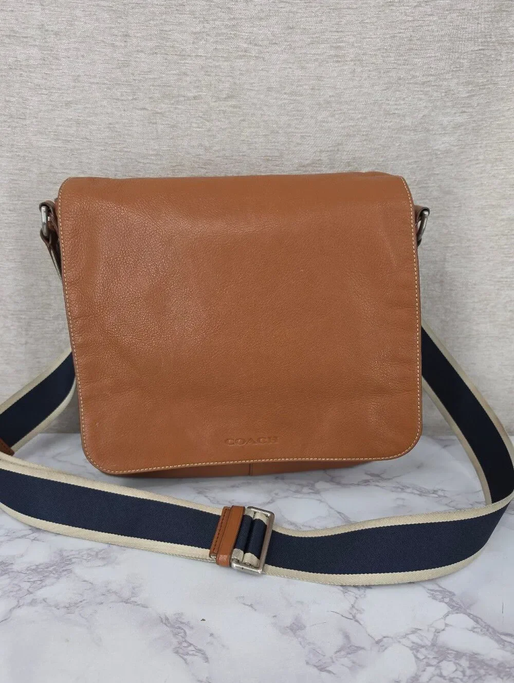 Coach Tan Leather Messenger Bag with Navy Web Strap